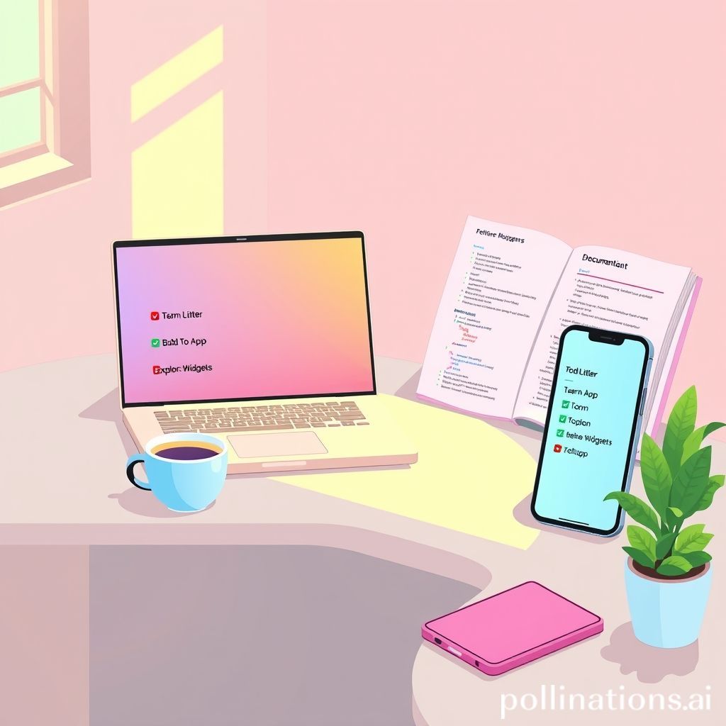 A beginner-friendly, vibrant illustration of a developer's desk with a laptop displaying a Flutter application (a simple 