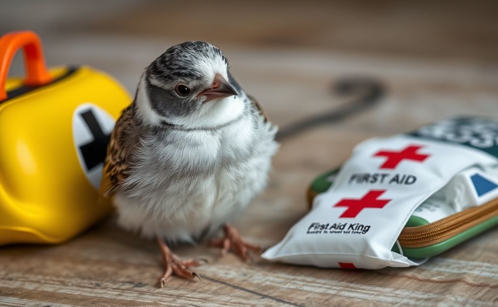 A bird being gently cared for with a first aid kit nearby.