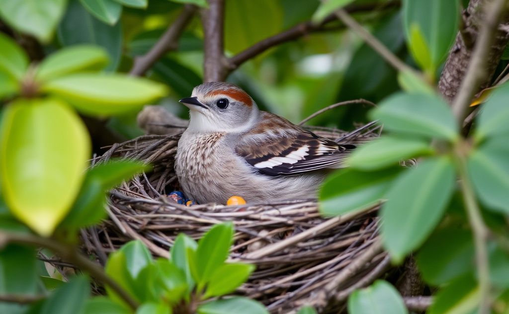 A bird blending into its nest among leaves and branches.
