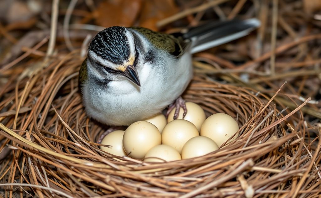 A bird carefully rolling its eggs in a nest.