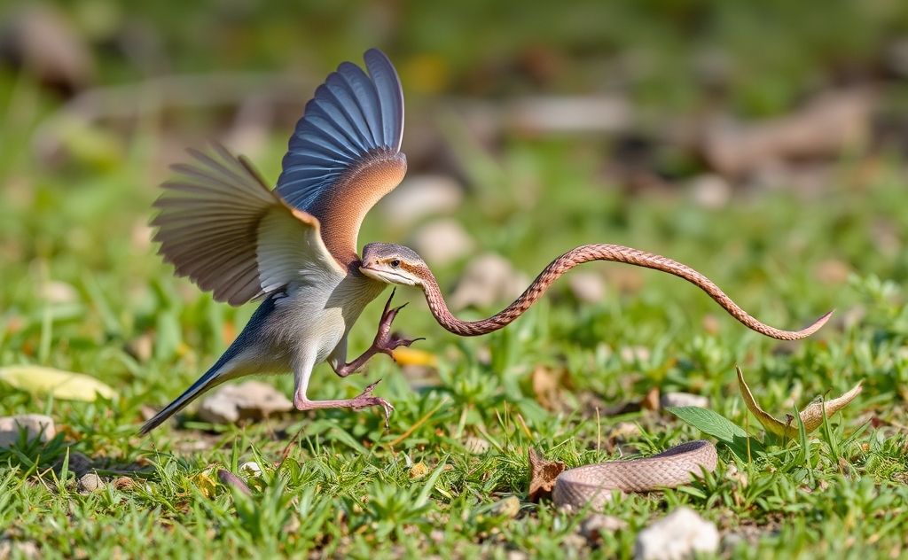 A bird catching a snake in a natural setting.