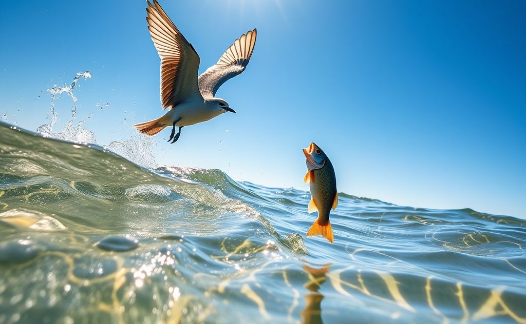A bird diving into water to catch a fish in mid-air.
