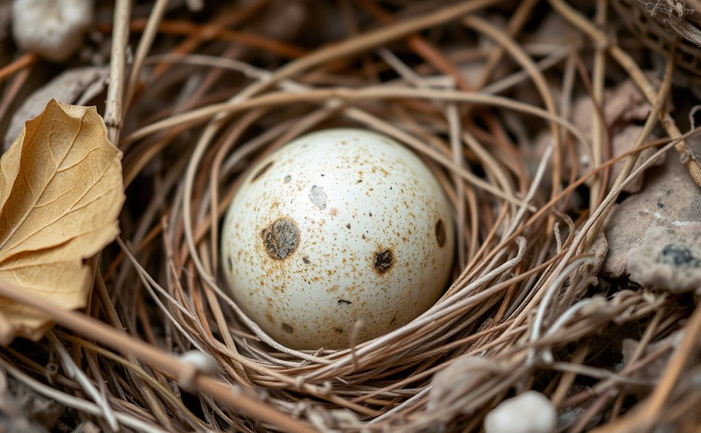 A bird egg nestled in a natural setting surrounded by soft materials.