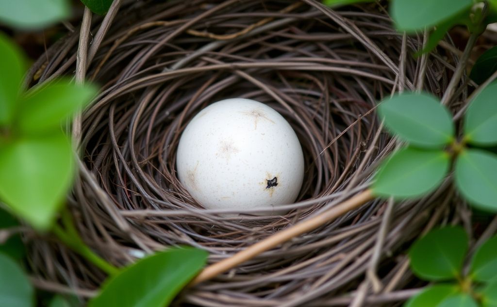A bird egg resting in a natural nest surrounded by foliage.