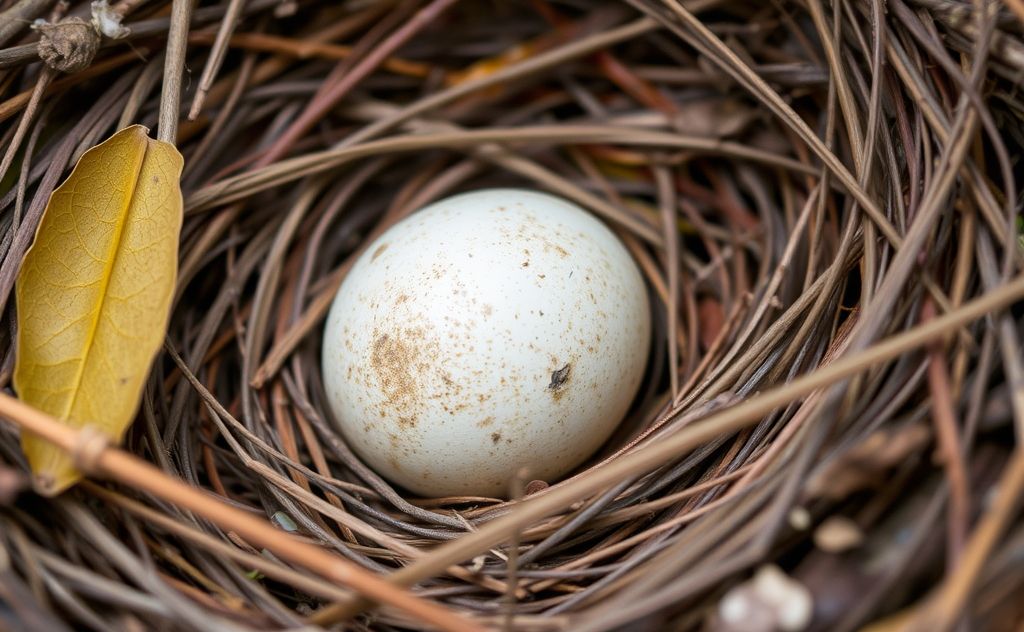 A bird egg resting in a nest surrounded by natural materials.