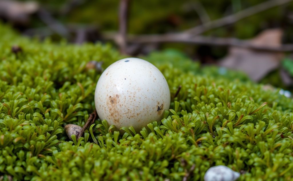 A bird egg resting on a bed of moist moss in a natural setting.