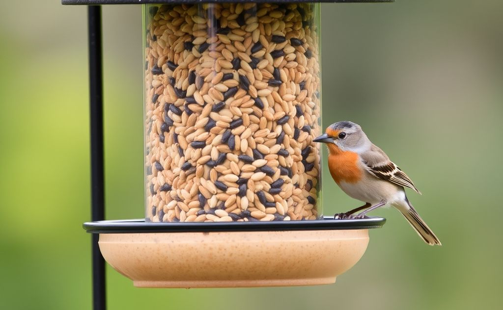 A bird feeder filled with seeds and natural food options.