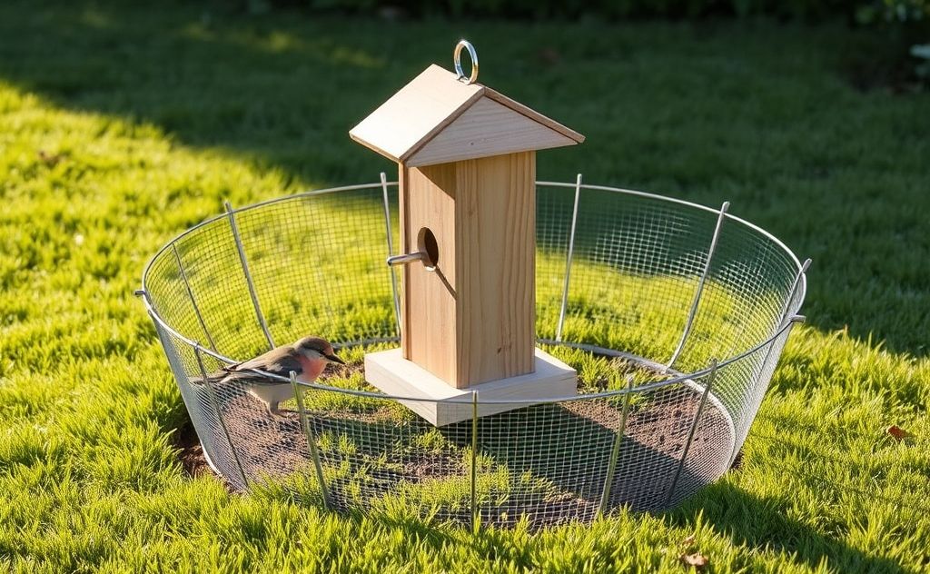 A bird feeder surrounded by barriers to deter crows.
