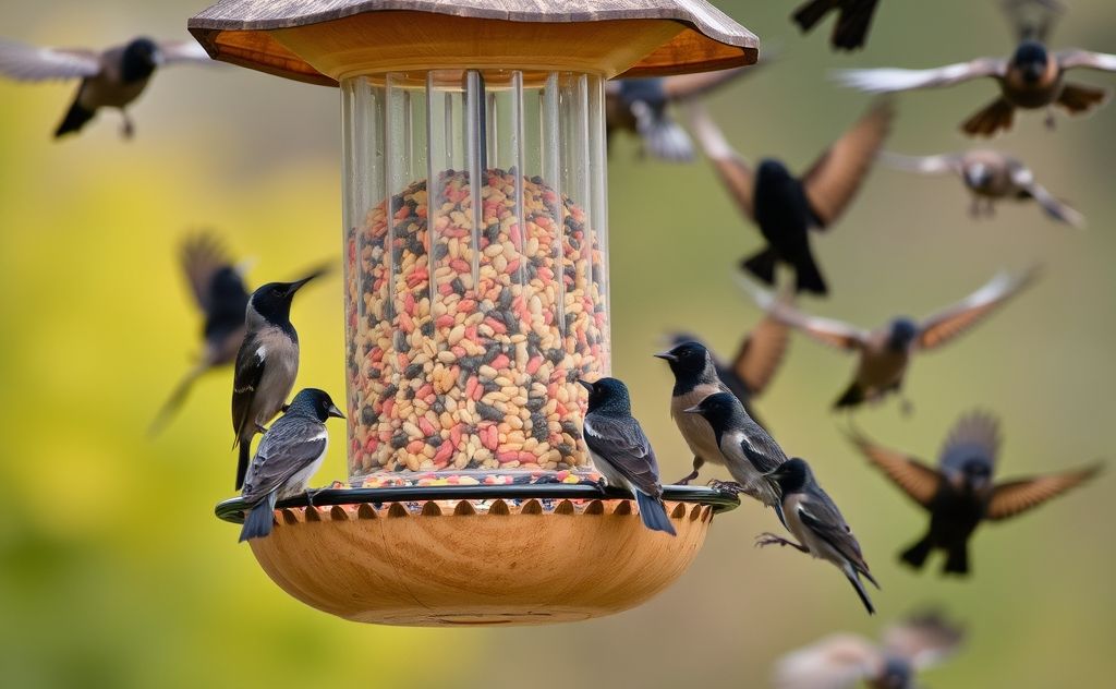 A bird feeder surrounded by colorful seeds and starlings flying away.