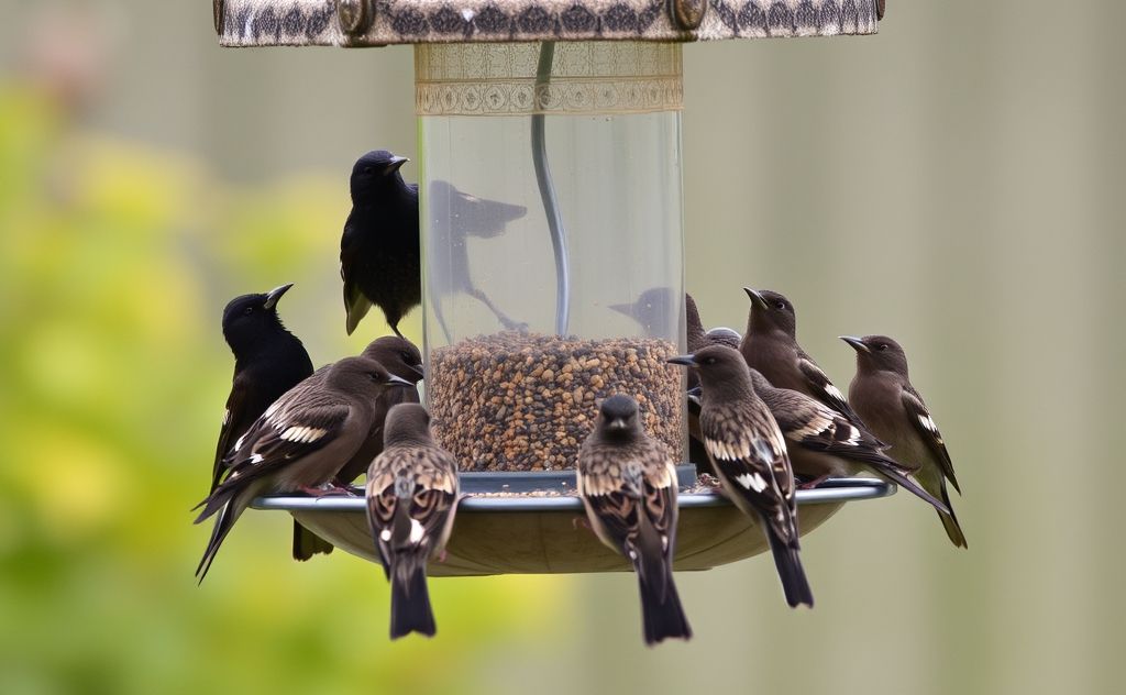 A bird feeder surrounded by starlings perched nearby.