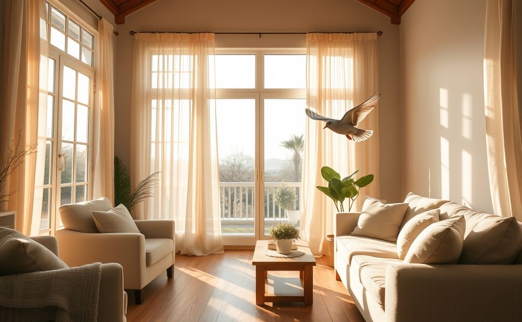 A bird flying inside a cozy home setting with open windows.