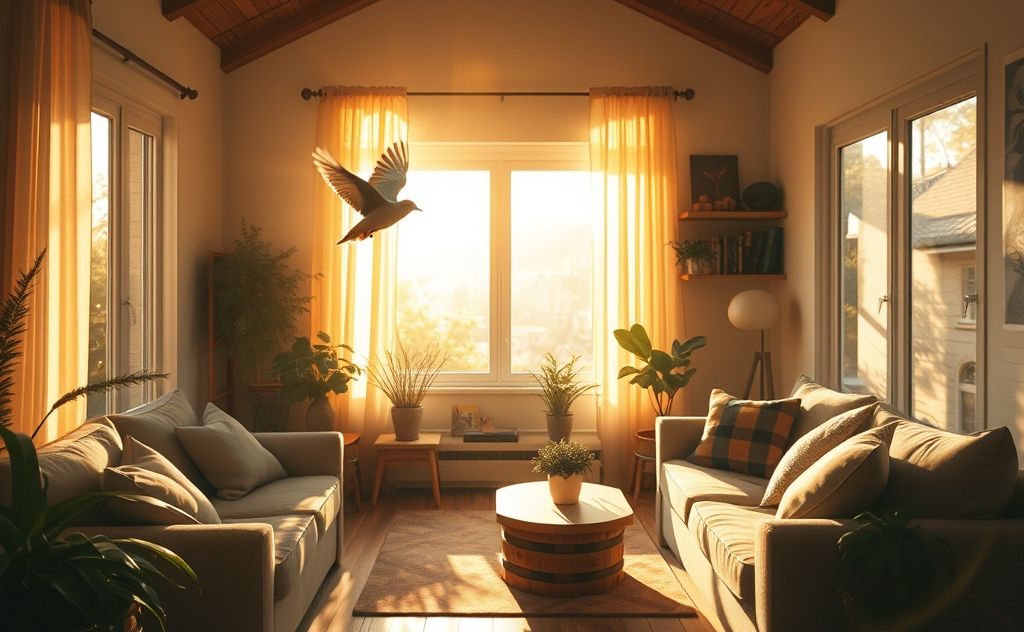 A bird flying inside a cozy home with sunlight streaming through.