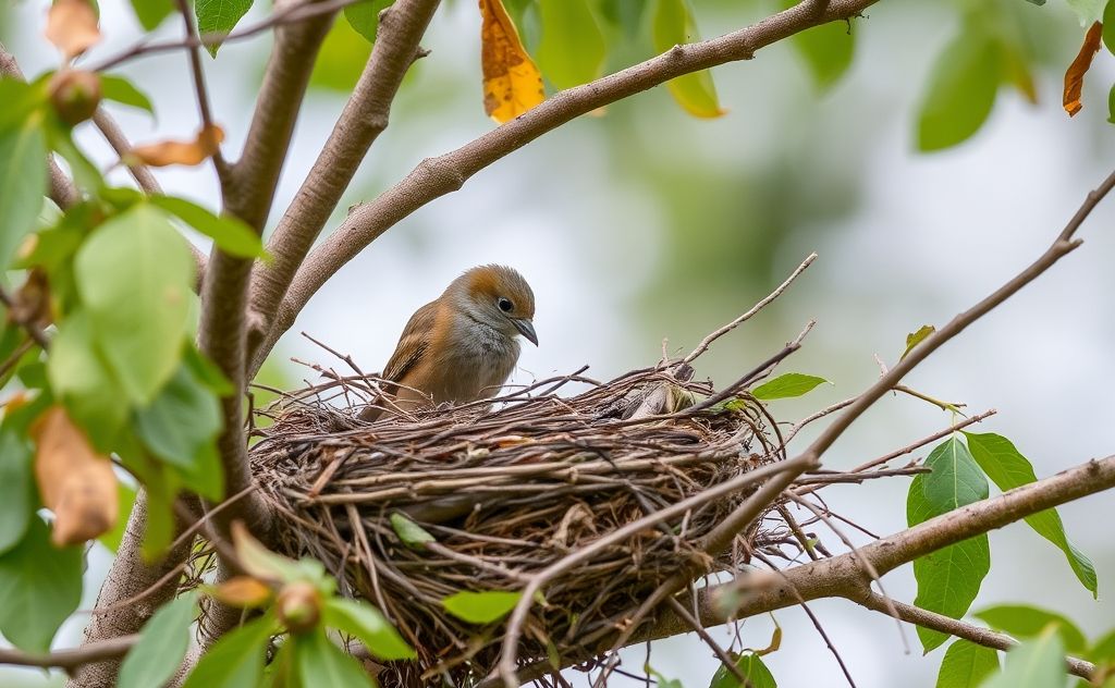 A bird gathering twigs and leaves to build a nest in a tree.
