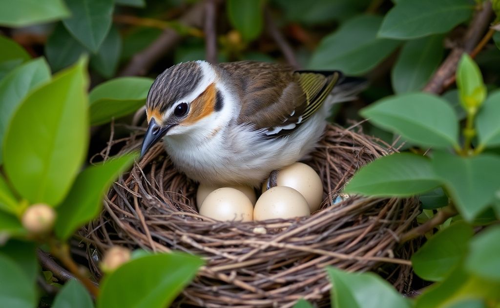 A bird gently rolling its eggs in a nest among leaves.