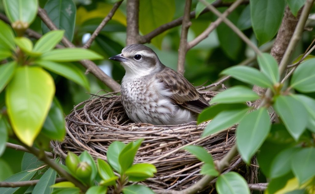 A bird guarding its nest among leaves and branches.