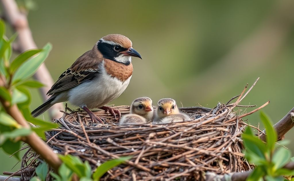 A bird guarding its nest with chicks from lurking predators.