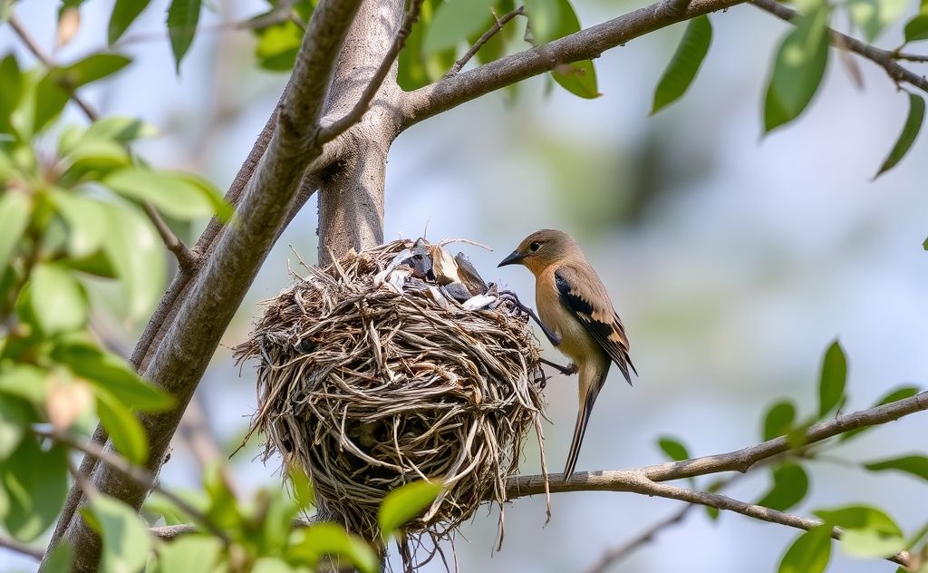 A bird inspecting a damaged nest in a tree.