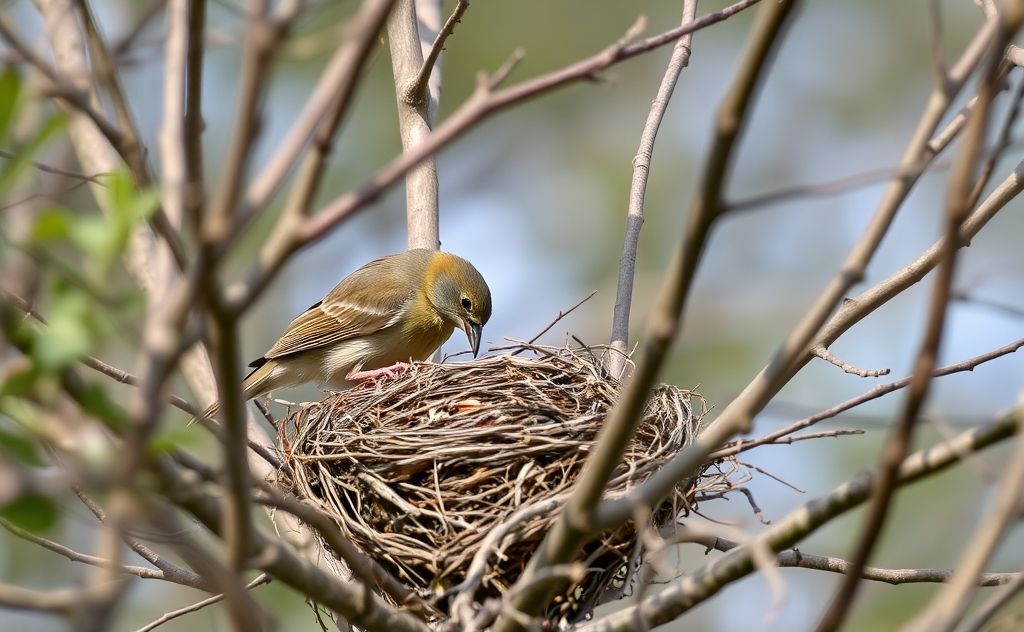 A bird inspecting a stolen nest among tree branches.