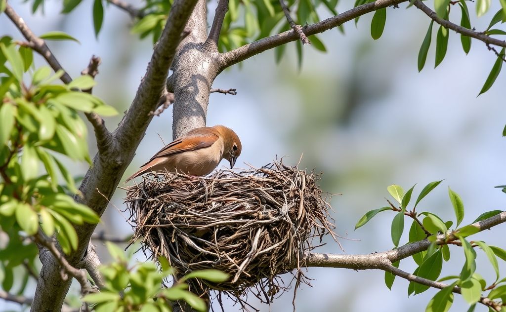 A bird inspecting an abandoned nest in a tree.