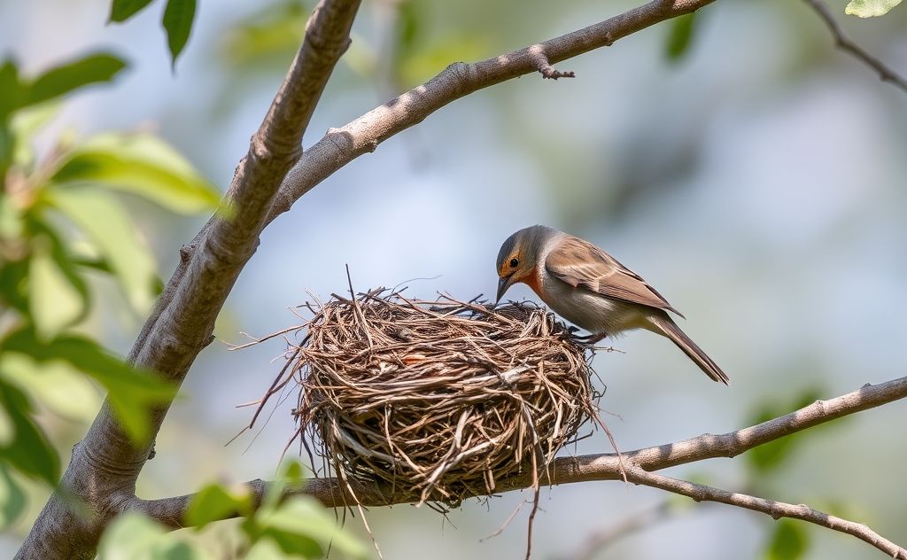 A bird inspecting an empty nest in a tree branch.