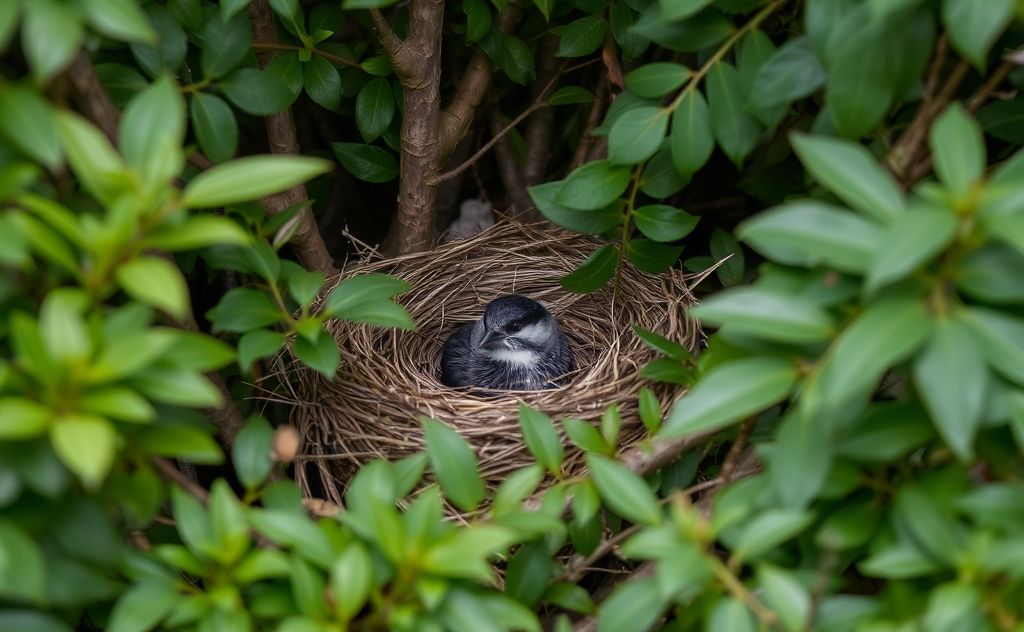 A bird nest hidden among dense foliage to evade predators.
