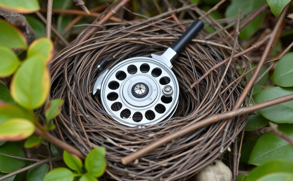 A bird nest with a fishing reel nestled among twigs and leaves.