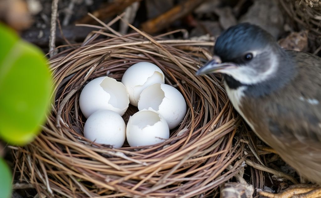 A bird nest with cracked eggs and a curious bird nearby.