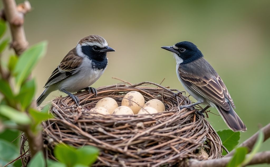 A bird nest with eggs and a watchful parent bird nearby.