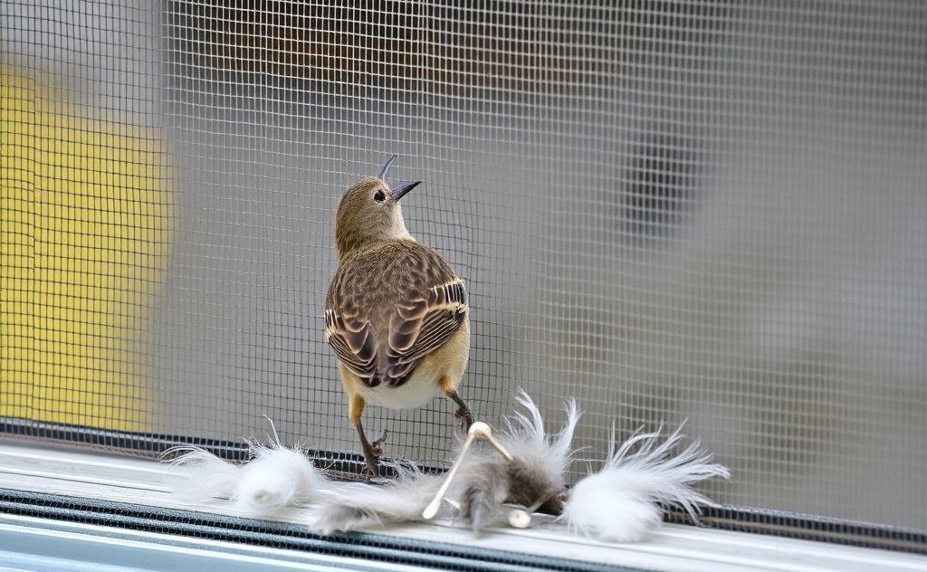 A bird pecking at a window screen with feathers scattered nearby.