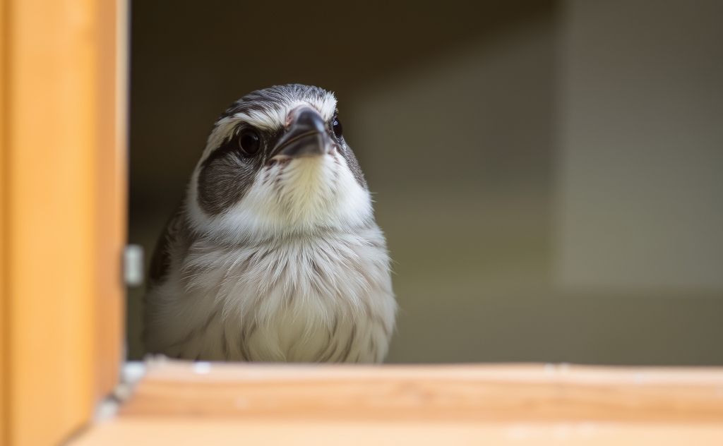 A bird peering through a window with curiosity.