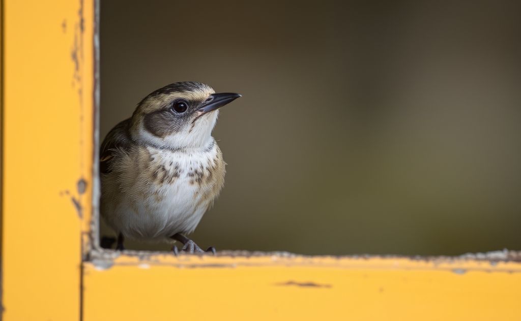A bird peering through a window, symbolizing curiosity and connection.