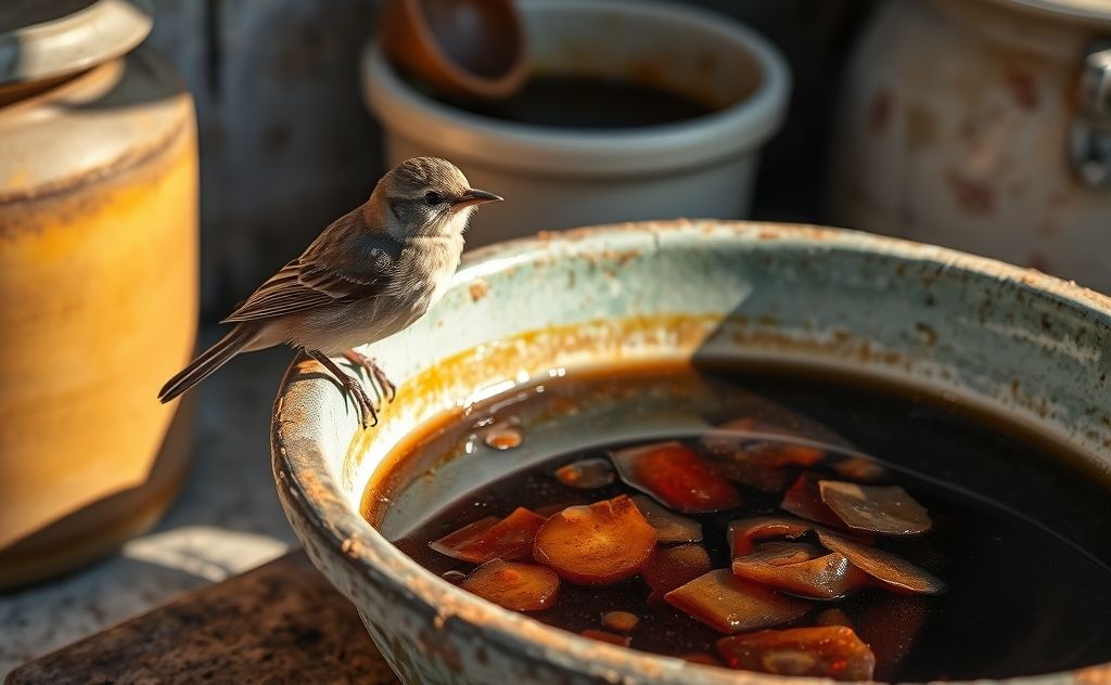 A bird perched near a bowl of old cooking oil and grease.