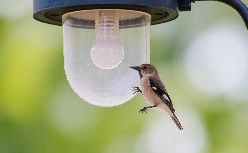 A bird perched near a light fixture designed to prevent nesting.