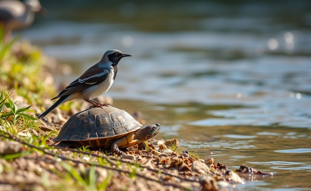 A bird perched near a turtle on a sunlit riverbank.