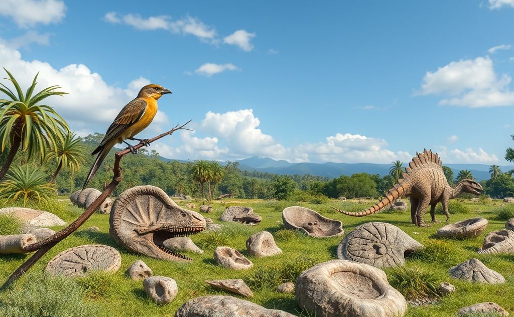 A bird perched on a branch among dinosaur fossils in a lush landscape.