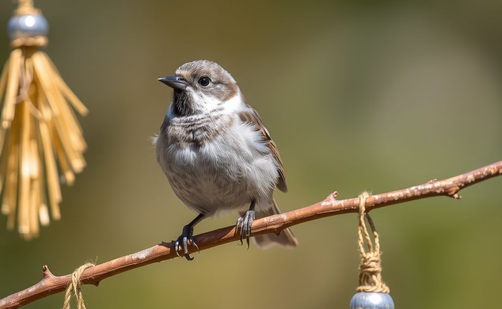 A bird perched on a branch surrounded by shiny objects.