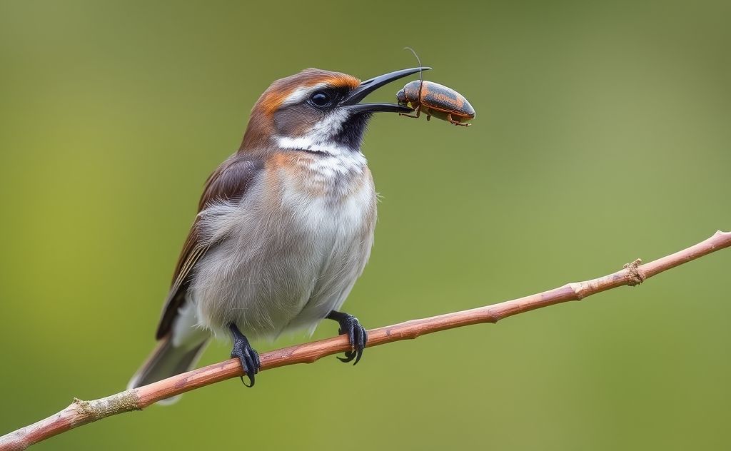 A bird perched on a branch with a Japanese beetle in its beak.