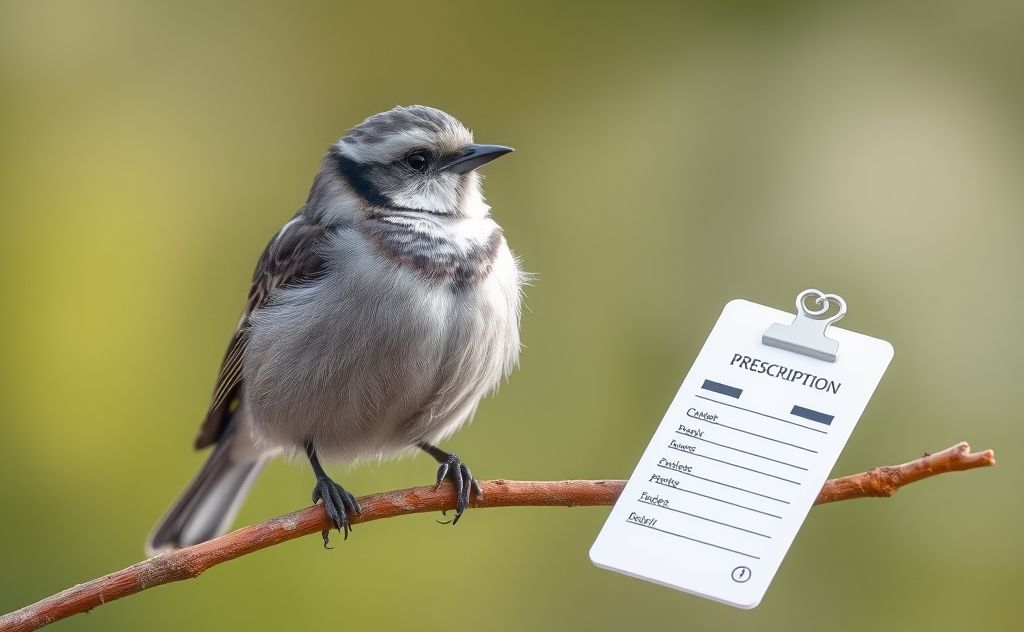 A bird perched on a branch with a prescription pad nearby.