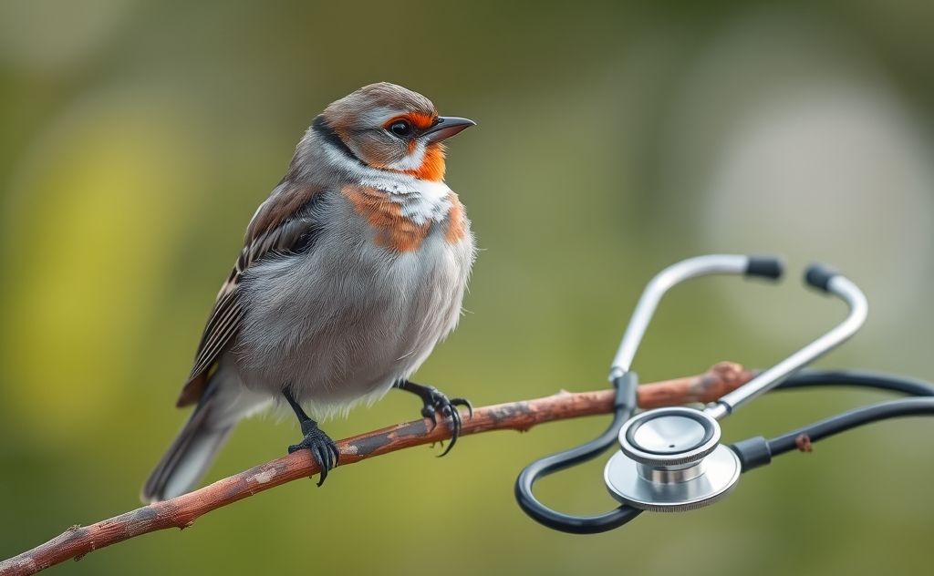 A bird perched on a branch with a stethoscope nearby.