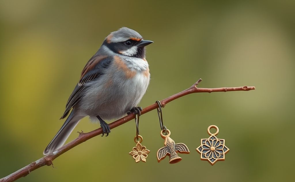 A bird perched on a branch with symbolic good luck charms nearby.