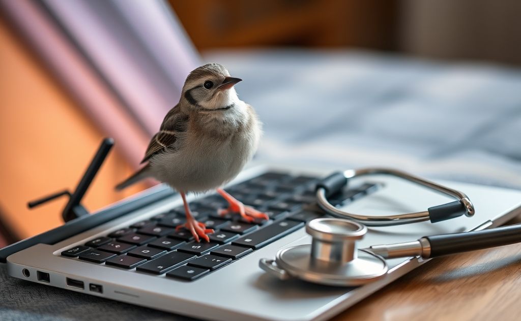 A bird perched on a laptop with a stethoscope beside it.