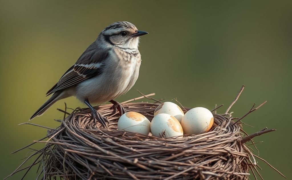 A bird perched on a nest with stolen eggs nearby.