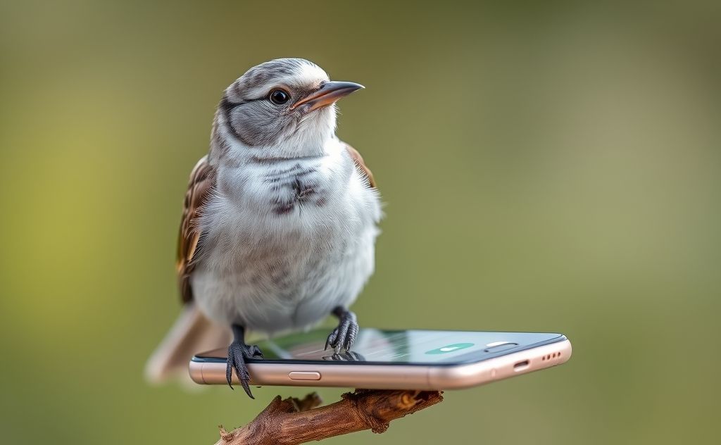 A bird perched on a smartphone displaying a veterinary app.