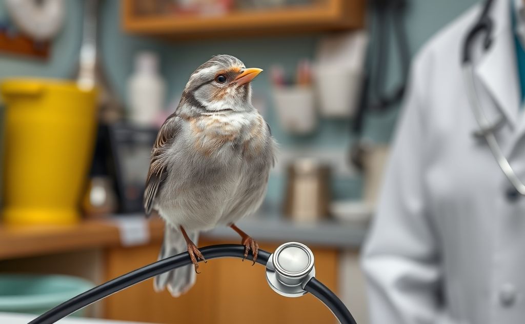 A bird perched on a stethoscope in a cozy veterinary setting.