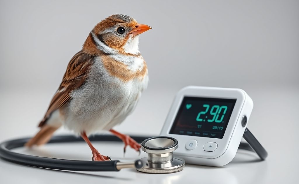 A bird perched on a stethoscope with a digital health monitor.