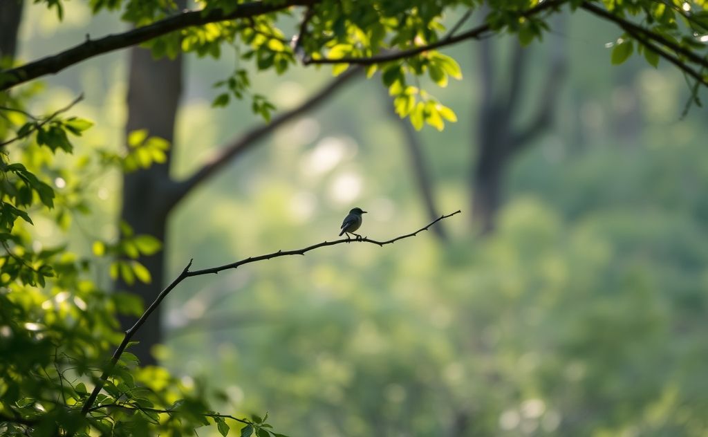 A bird resting on a branch in a serene natural setting.