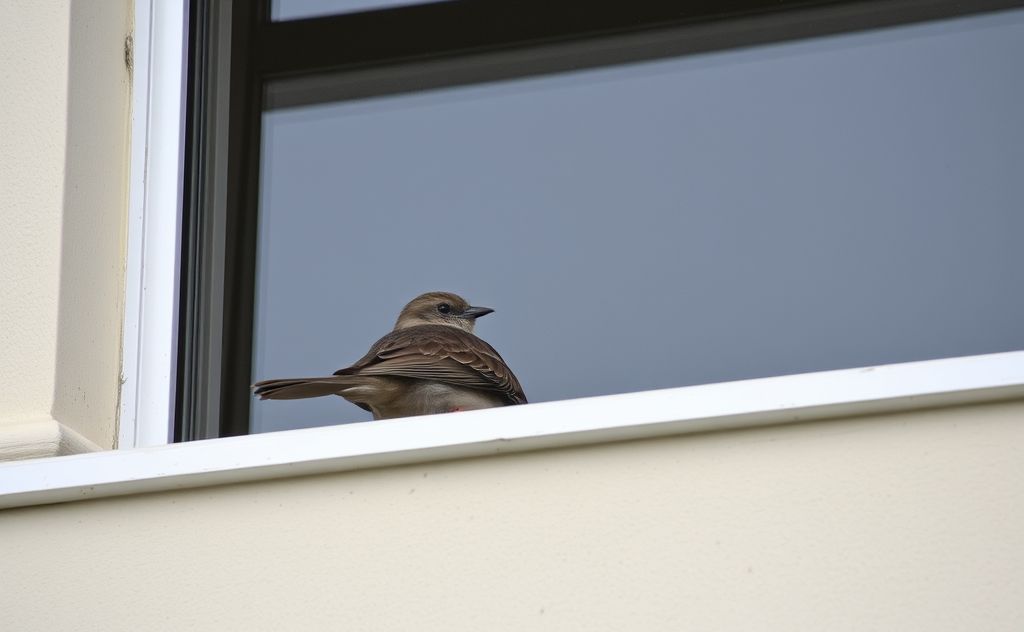 A bird resting on a window ledge, symbolizing resilience and survival.