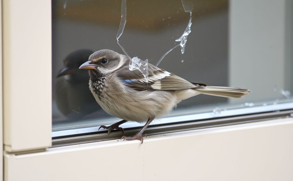 A bird resting on a windowsill after a collision with glass.