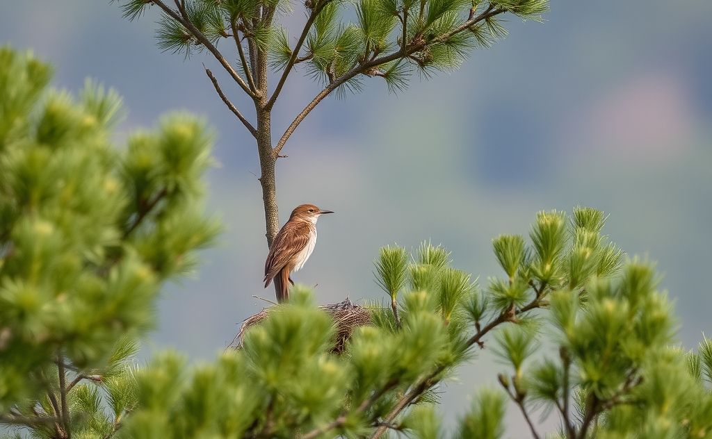 A bird searching for a new nesting site among trees.