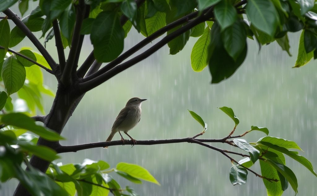 A bird seeking shelter under a leafy tree during rainfall.